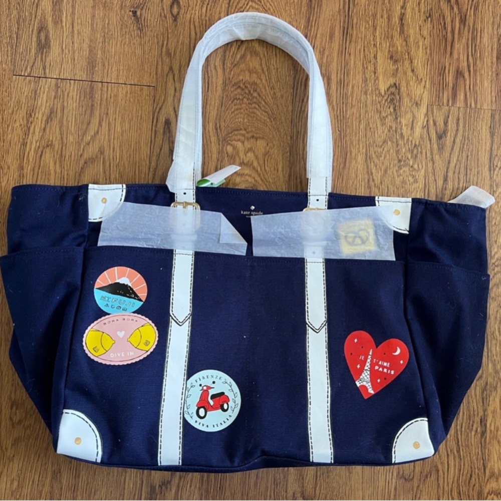 Kate Spade Navy and White Tote with Colorful Patches
